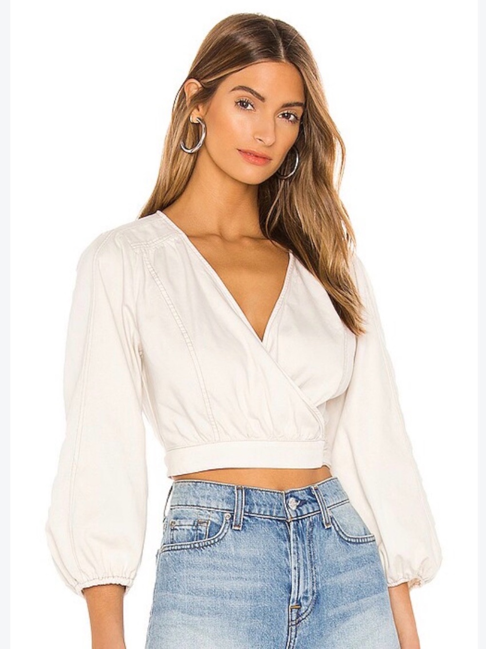 Free People Cream Wrap Crop denim Top with Balloon Sleeves